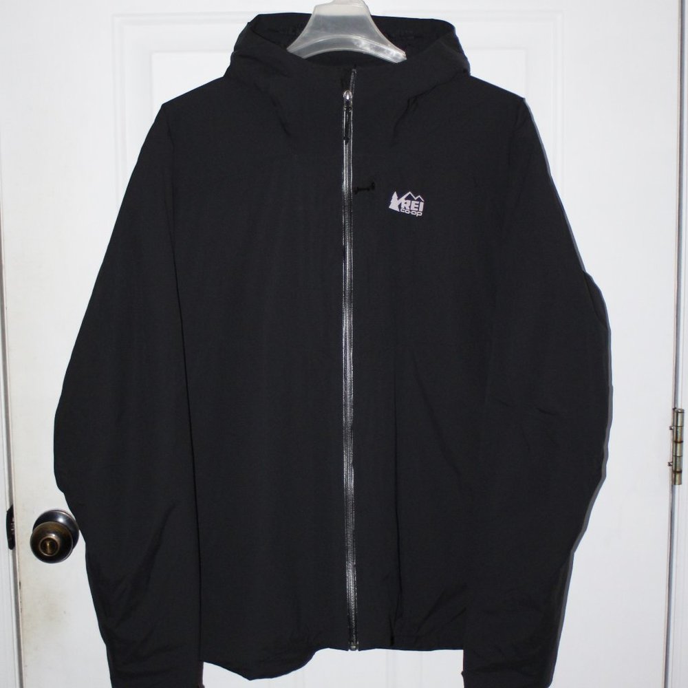 REI CO-OP black hooded full zip rain jacket Pit Zips XXL NWOT